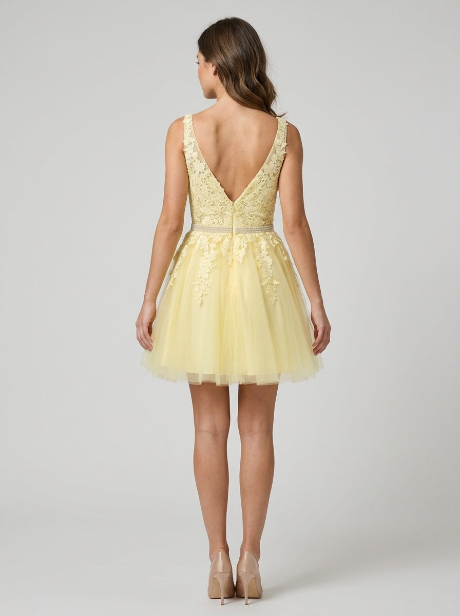 Elegant A-Line Deep V-Neck Sleeveless Low V-Back Short Lace Tulle Beaded Homecoming Dresses