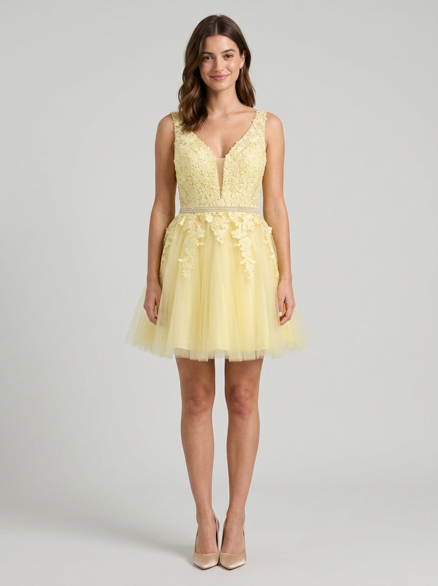 Elegant A-Line Deep V-Neck Sleeveless Low V-Back Short Lace Tulle Beaded Homecoming Dresses