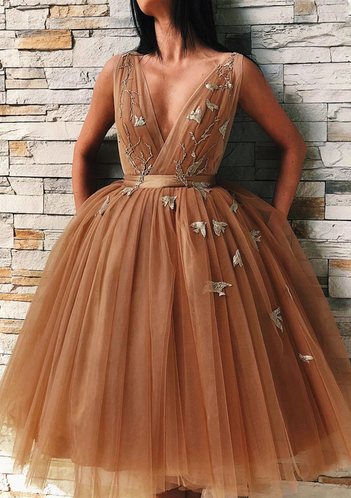 Elegant A-Line Deep V-Neck Sleeveless Open Back Short Homecoming Dresses with Embroidery