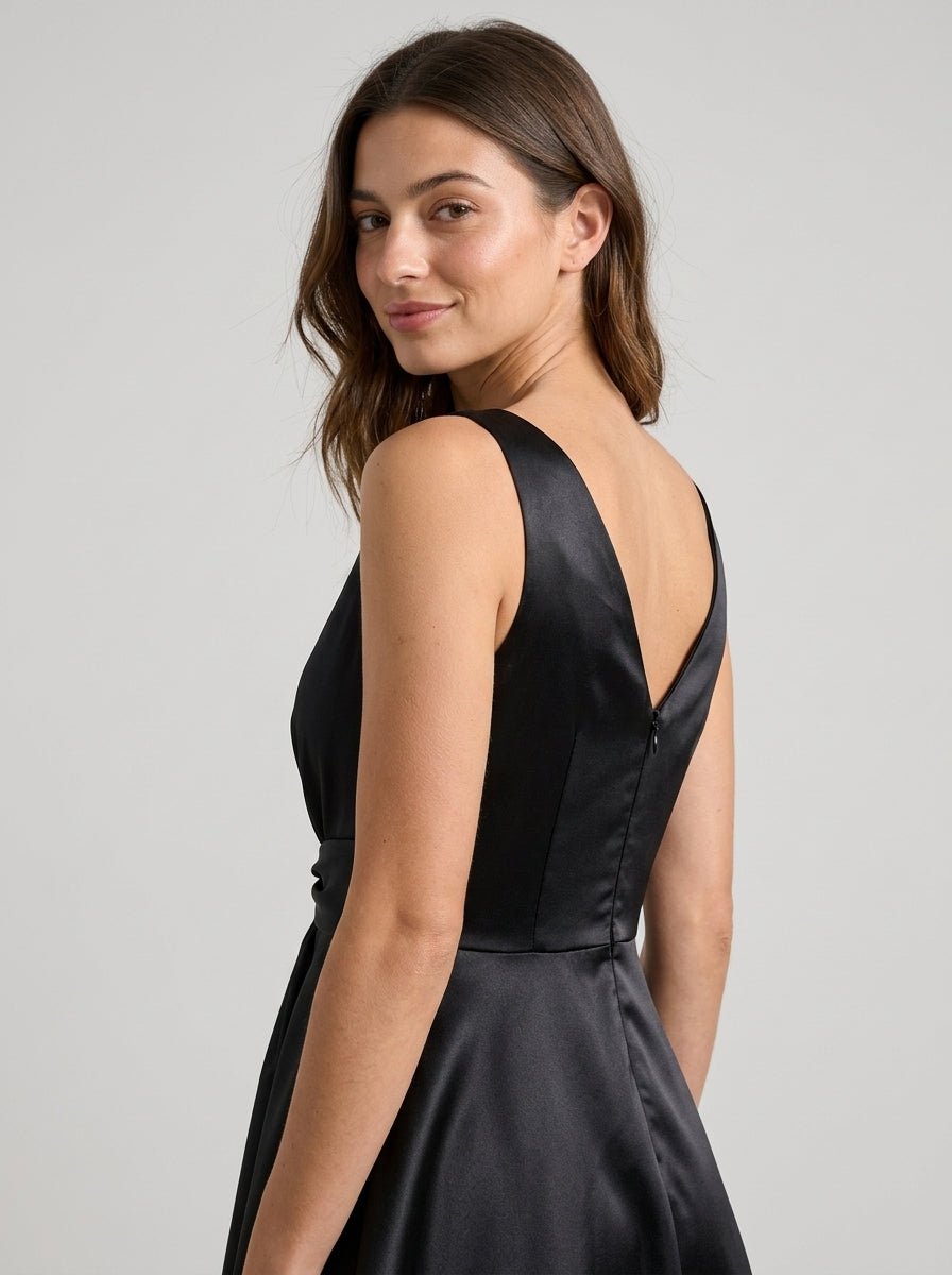 Elegant A-Line Deep V-Neck V-Back Bow Black Knee-Length Homecoming Dress