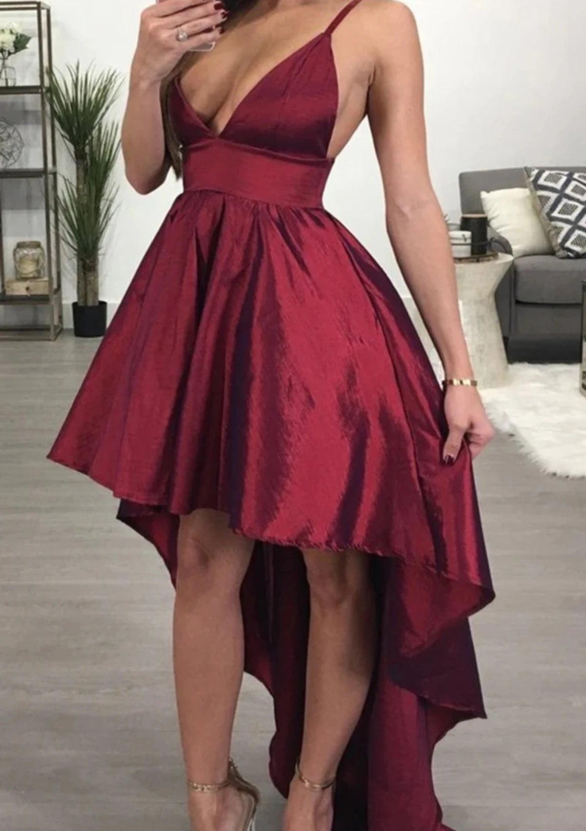 Elegant A-Line Deep V-Neck Spaghetti Strap Criss-Cross Open Back High-Low Homecoming Dresses