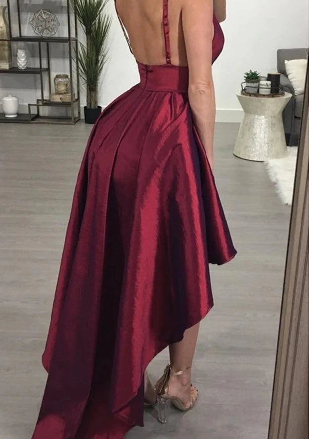 Elegant A-Line Deep V-Neck Spaghetti Strap Criss-Cross Open Back High-Low Homecoming Dresses