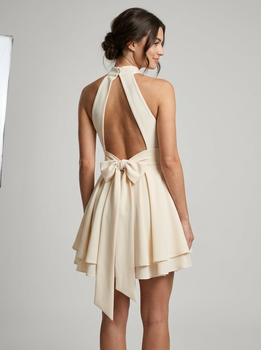 Elegant A-Line Halter High Neck Sleeveless Open Back Short Homecoming Dresses with Bow Tie Detail