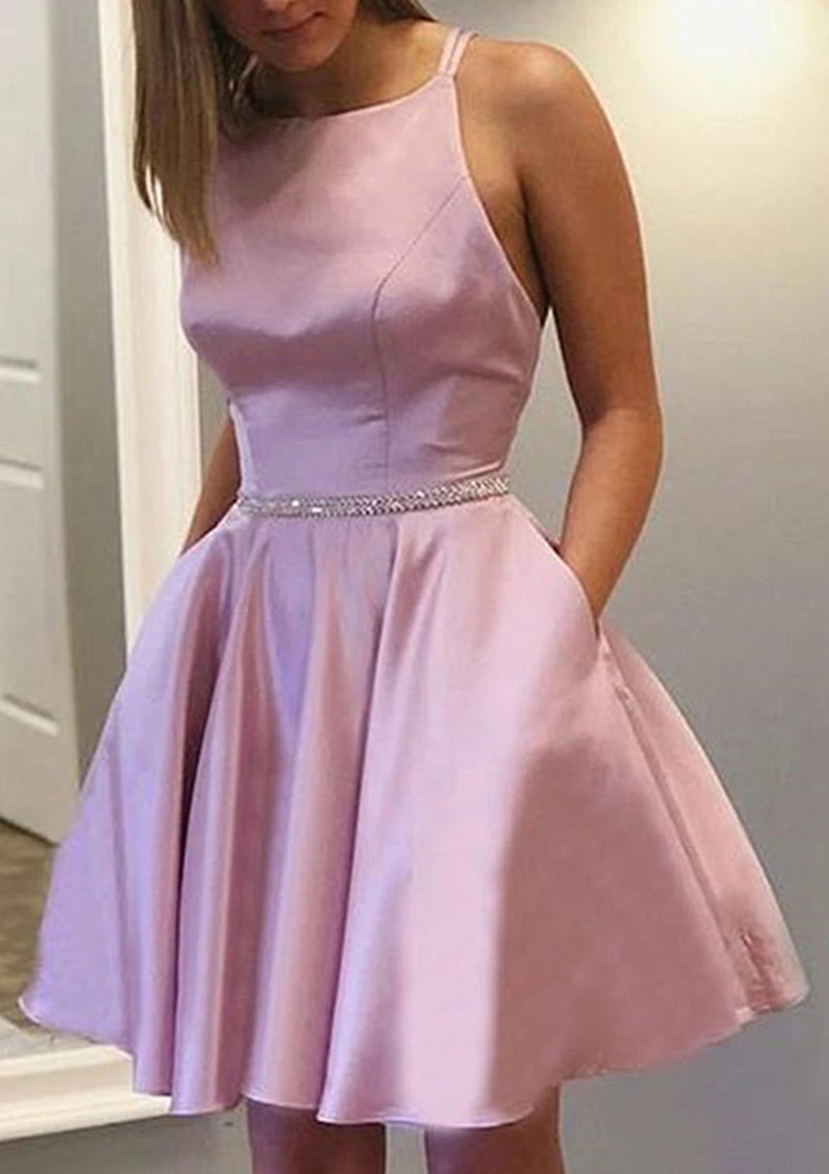 Elegant A-Line Halter Neck Sleeveless Criss-Cross Back Short Homecoming Dress with Pockets