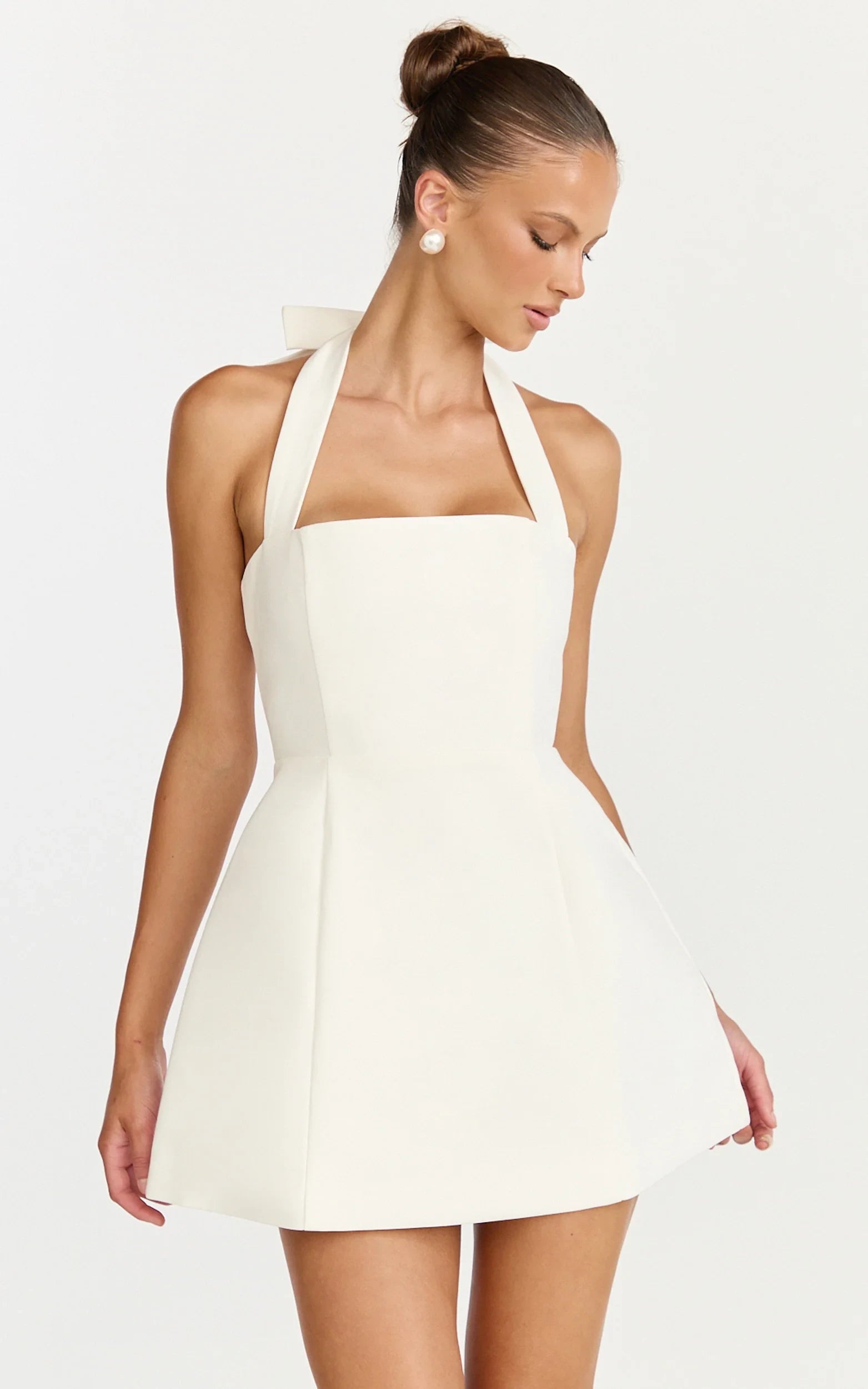 Elegant A-Line Halter Square Neck Sleeveless Open Back Mini Homecoming Dress with Bow Detail