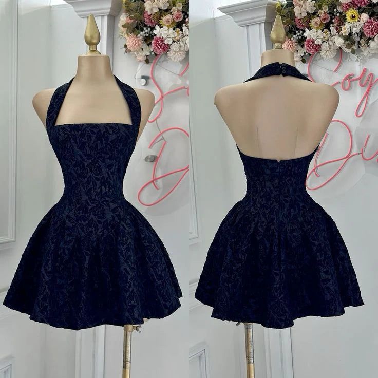 Elegant A-Line Halter Square Neck Sleeveless Open Back Short Textured Homecoming Dresses