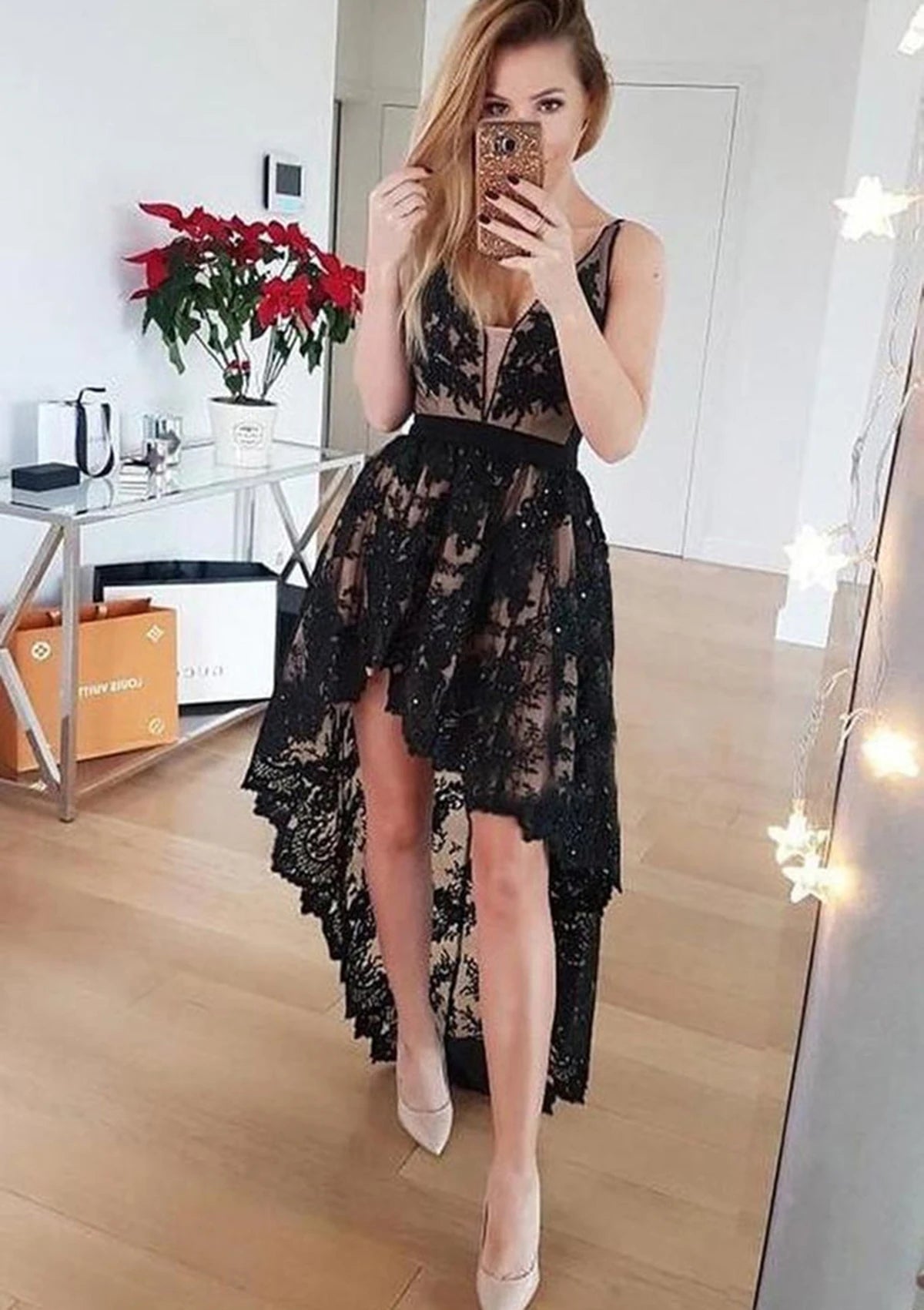 Elegant A-Line High-Low V-Neck Spaghetti Strap Open Back Lace Homecoming Dresses