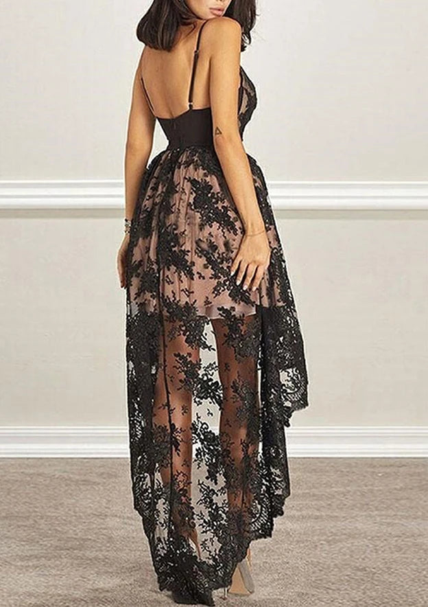 Elegant A-Line High-Low V-Neck Spaghetti Strap Open Back Lace Homecoming Dresses