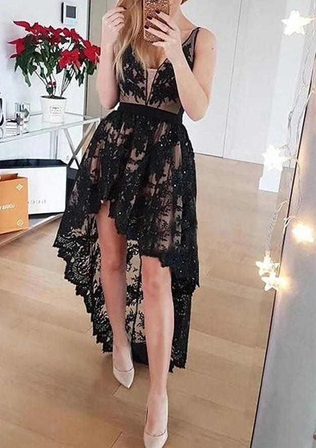 Elegant A-Line High-Low V-Neck Spaghetti Strap Open Back Lace Homecoming Dresses