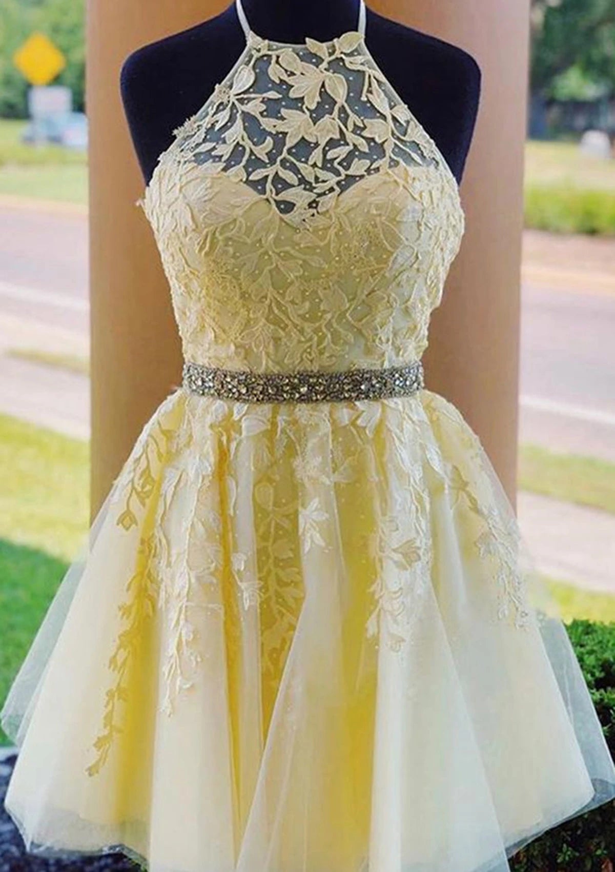 Charming A-Line Illusion Halter Neck Lace-Up Back Short Mini Homecoming Dress