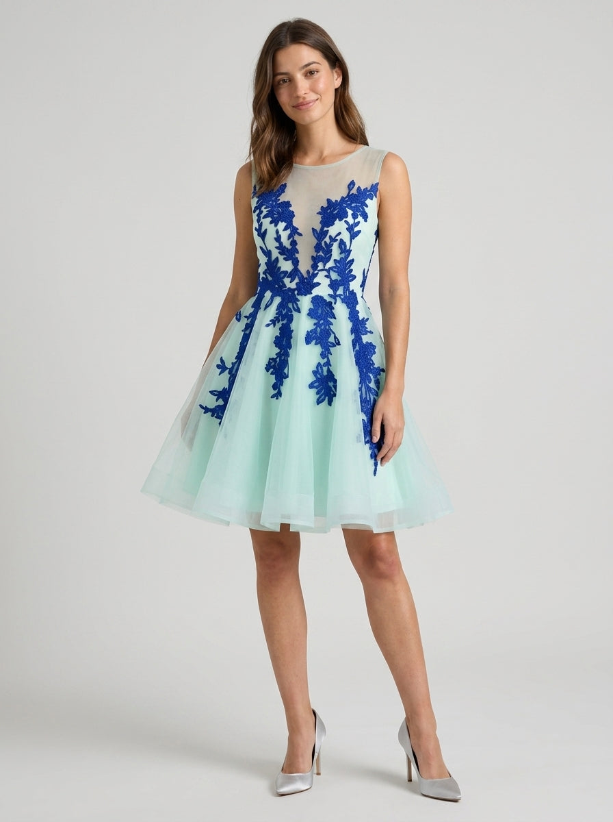 Elegant A-Line Illusion Jewel Neck Sleeveless Button Back Short Floral Homecoming Dresses