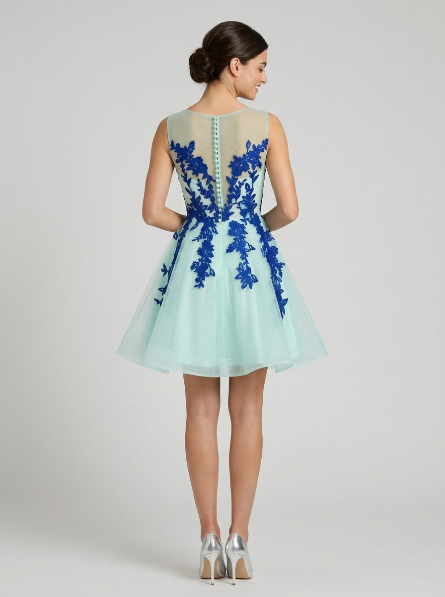 Elegant A-Line Illusion Jewel Neck Sleeveless Button Back Short Floral Homecoming Dresses