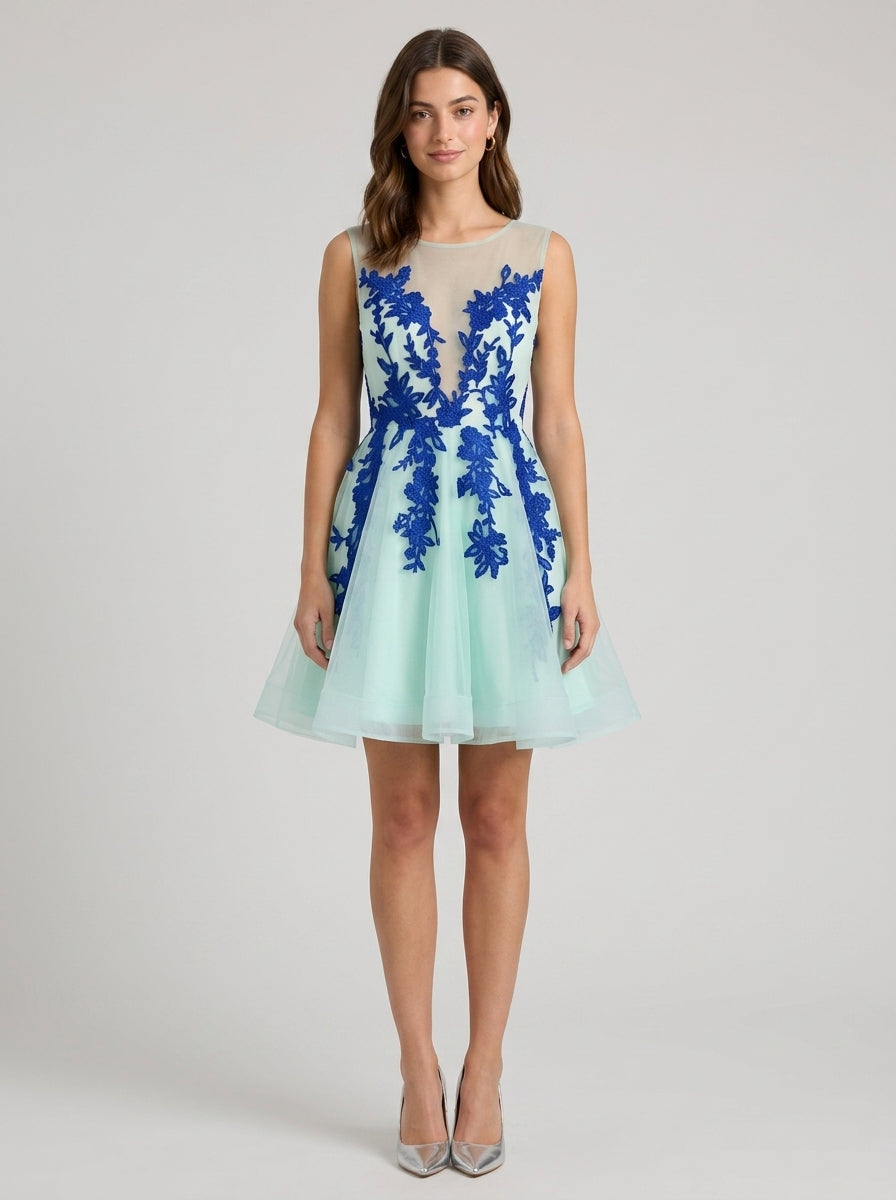 Elegant A-Line Illusion Jewel Neck Sleeveless Button Back Short Floral Homecoming Dresses