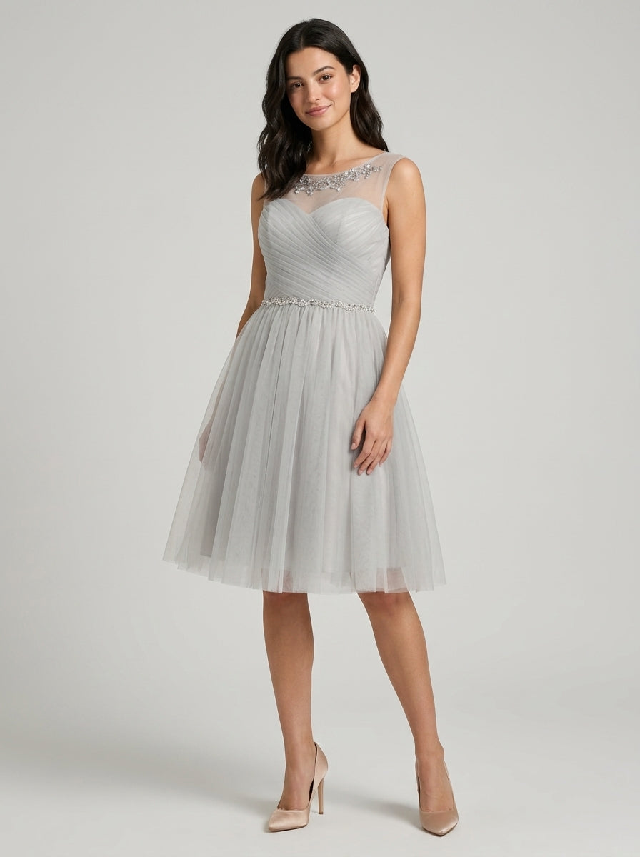 Elegant A-Line Illusion Jewel Neck Sleeveless Lace-Up Back Knee-Length Homecoming Dresses