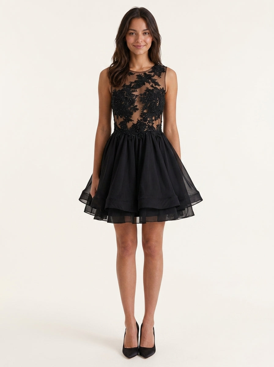 Elegant A-Line Illusion Jewel Neck Sleeveless Open Back Short Homecoming Dress with Sequin Appliques and Bow Tie