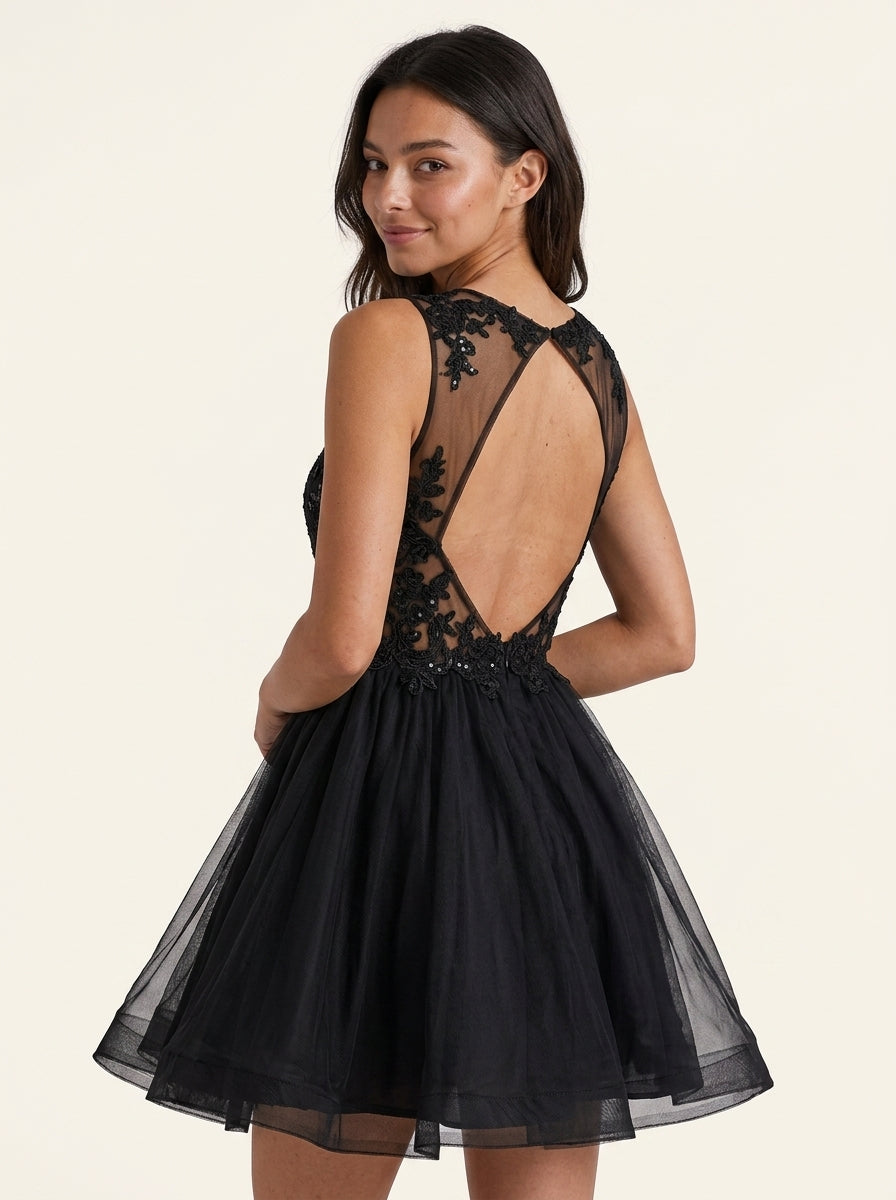 Elegant A-Line Illusion Jewel Neck Sleeveless Open Back Short Homecoming Dress with Sequin Appliques and Bow Tie