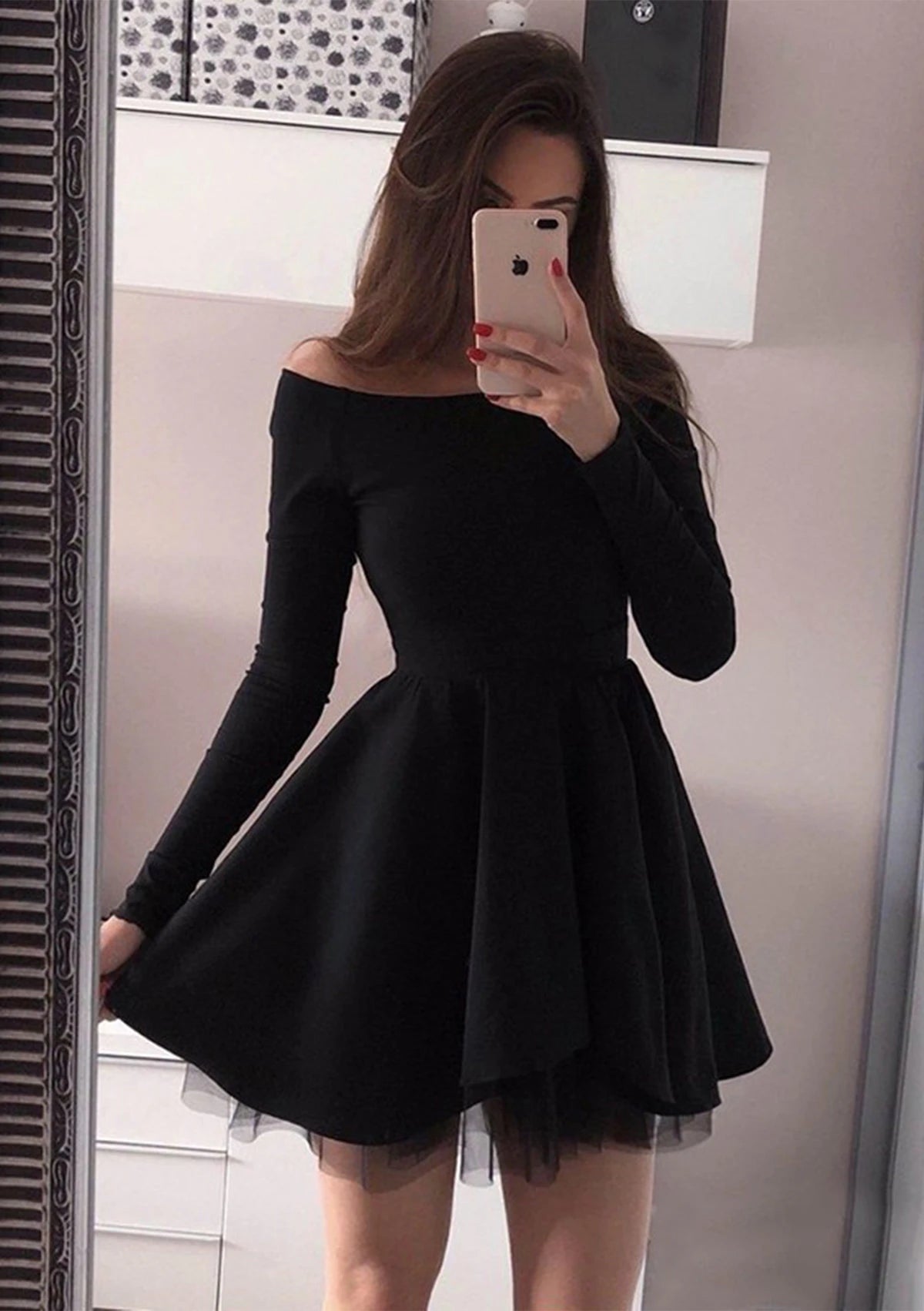 Elegant A-Line Off-Shoulder Long Sleeve Closed Back Short Homecoming Dresses