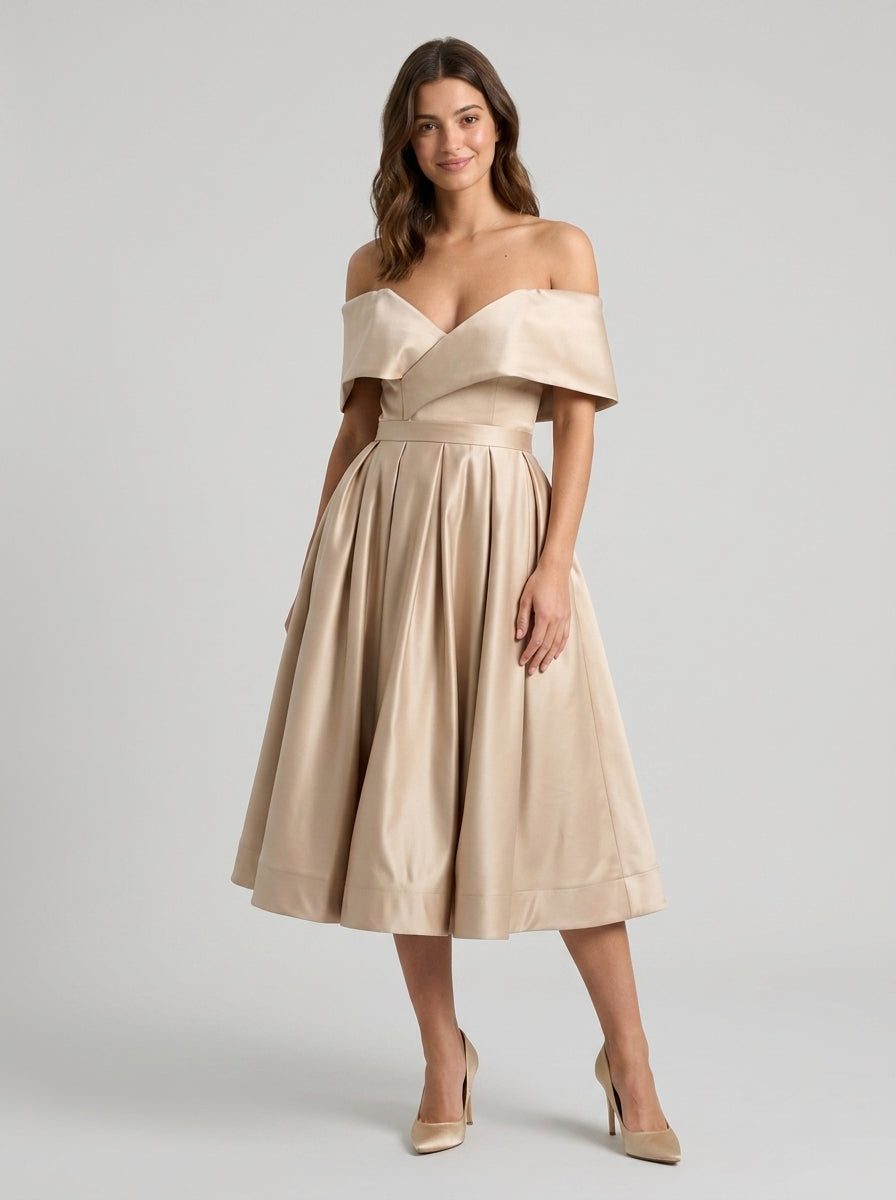 Elegant A-Line Off-Shoulder Midi Homecoming Dress with Concealed Zipper Back for Special Occasions