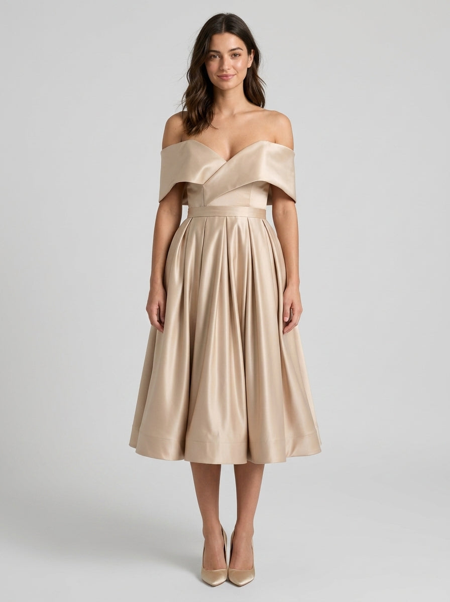 Elegant A-Line Off-Shoulder Midi Homecoming Dress with Concealed Zipper Back for Special Occasions