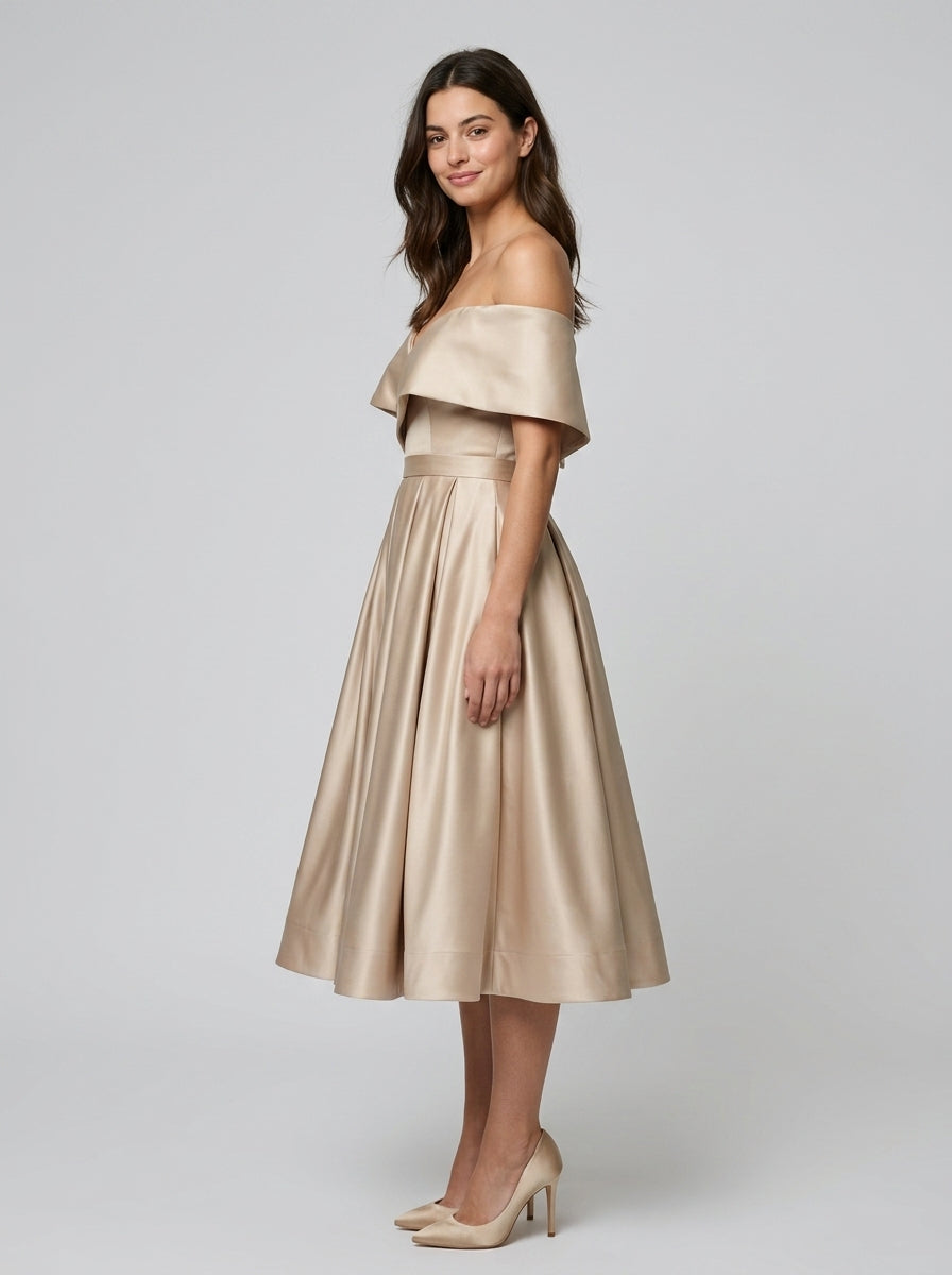 Elegant A-Line Off-Shoulder Midi Homecoming Dress with Concealed Zipper Back for Special Occasions