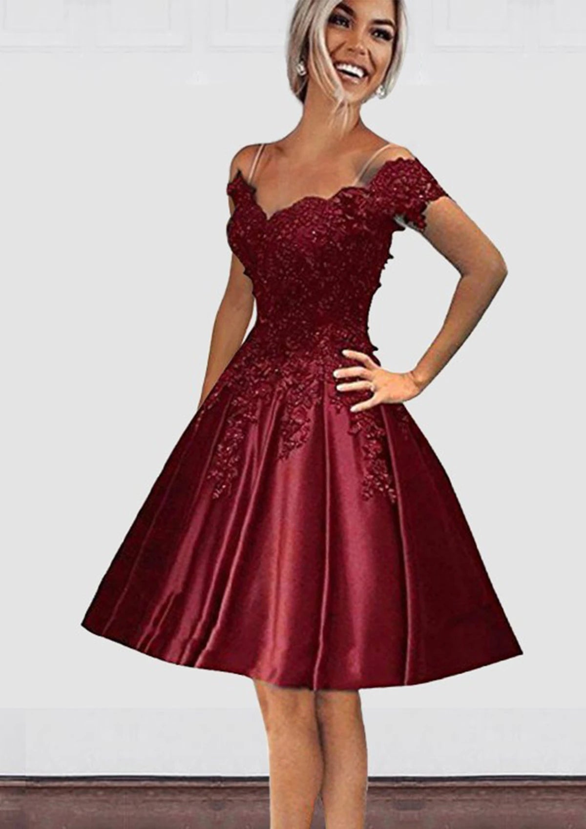 Elegant A-Line Off-Shoulder Short Sleeve Lace V-Back Knee-Length Homecoming Dresses
