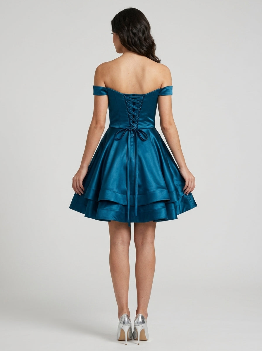 Chic A-Line Off-Shoulder Sweetheart Short Sleeve Tiered Teal Mini Homecoming Dress