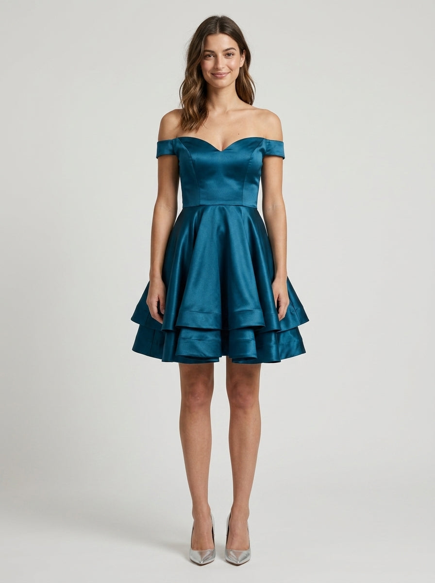 Chic A-Line Off-Shoulder Sweetheart Short Sleeve Tiered Teal Mini Homecoming Dress