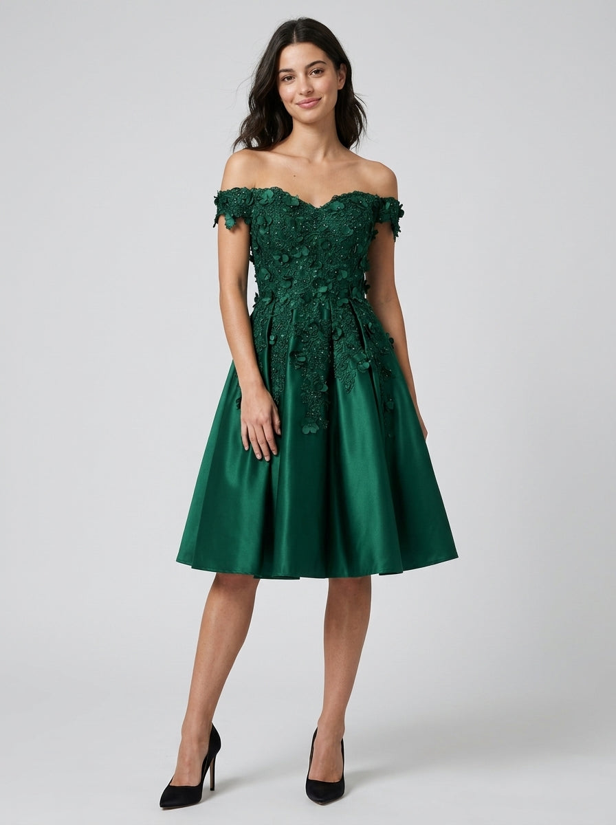 Elegant A-Line Off-Shoulder Sweetheart Short Sleeve V-Back Knee-Length Emerald Green Floral Homecoming Dresses