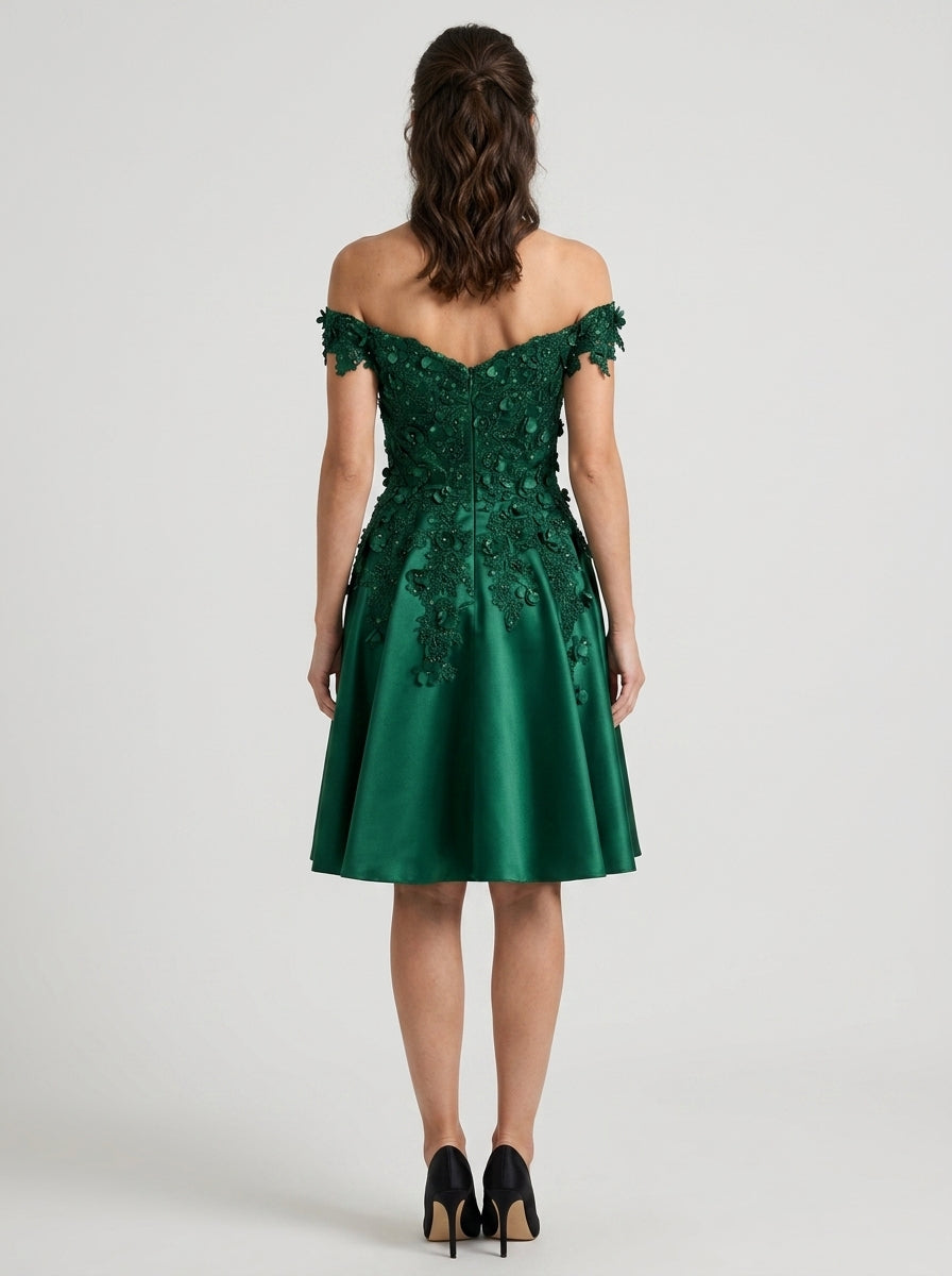 Elegant A-Line Off-Shoulder Sweetheart Short Sleeve V-Back Knee-Length Emerald Green Floral Homecoming Dresses