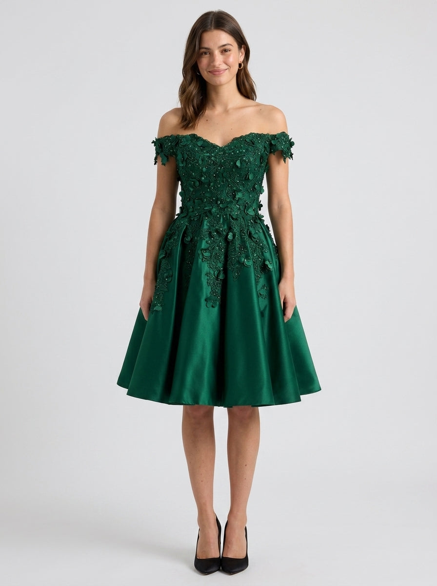 Elegant A-Line Off-Shoulder Sweetheart Short Sleeve V-Back Knee-Length Emerald Green Floral Homecoming Dresses