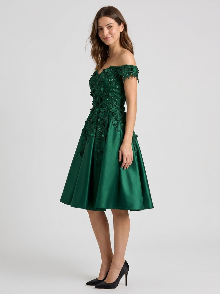 Elegant A-Line Off-Shoulder Sweetheart Short Sleeve V-Back Knee-Length Emerald Green Floral Homecoming Dresses