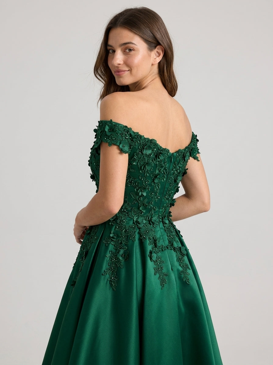 Elegant A-Line Off-Shoulder Sweetheart Short Sleeve V-Back Knee-Length Emerald Green Floral Homecoming Dresses