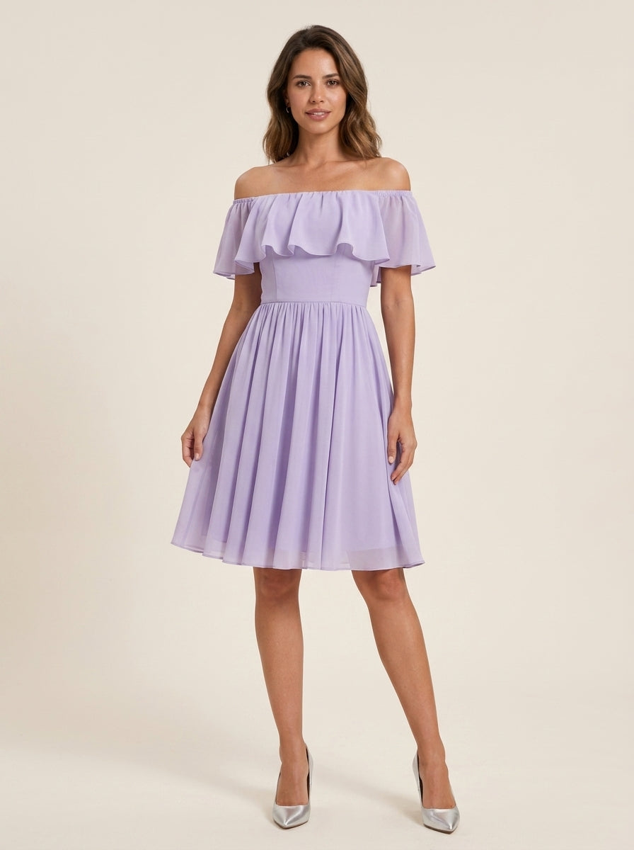 Elegant A-Line Off-the-Shoulder Ruffled Short Sleeve Zipper Back Knee-Length Chiffon Homecoming Dresses