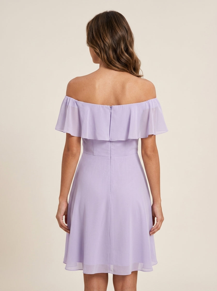 Elegant A-Line Off-the-Shoulder Ruffled Short Sleeve Zipper Back Knee-Length Chiffon Homecoming Dresses