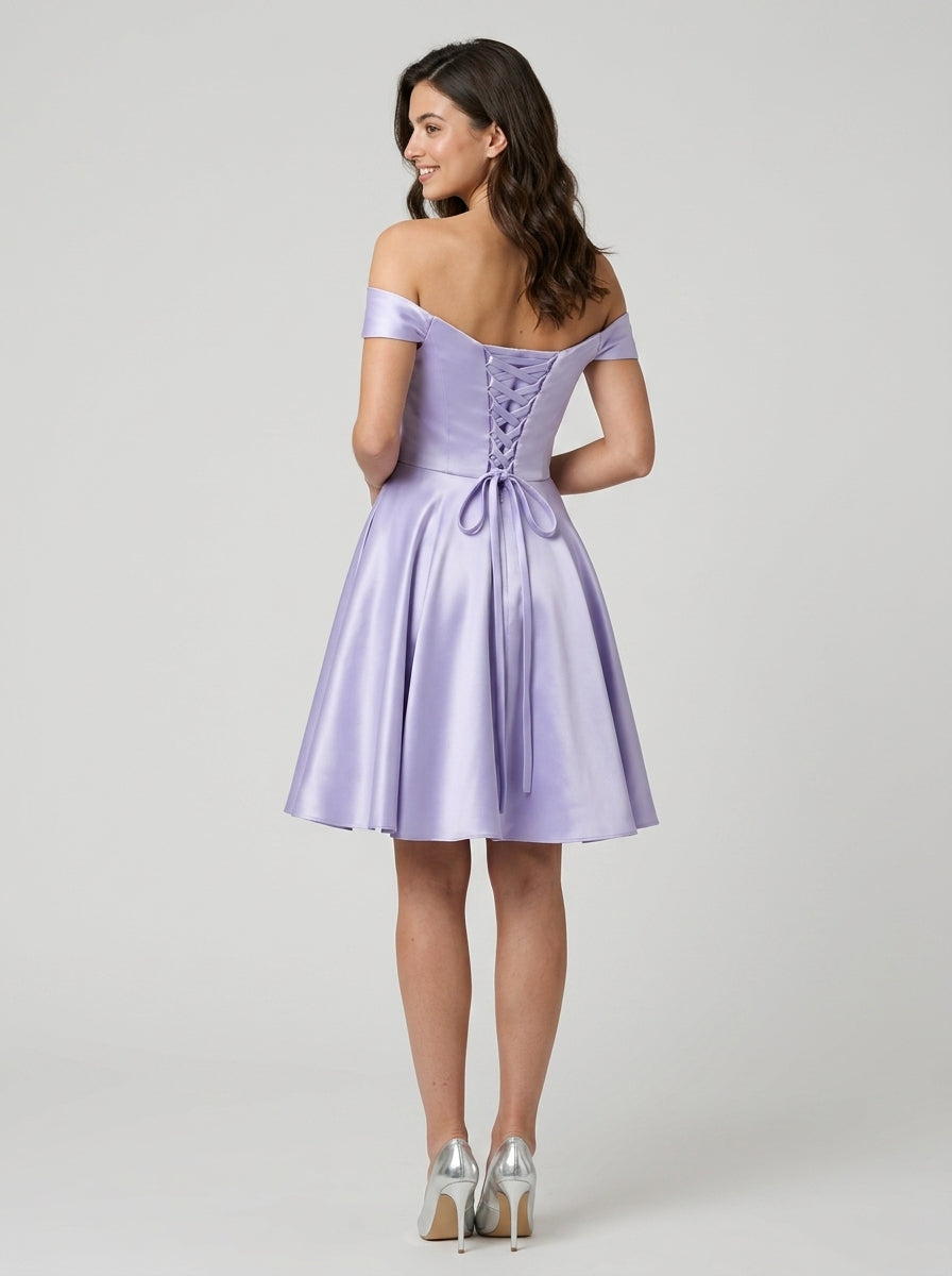 Elegant A-Line Off-the-Shoulder Sweetheart Lace-Up Back Short Homecoming Dresses