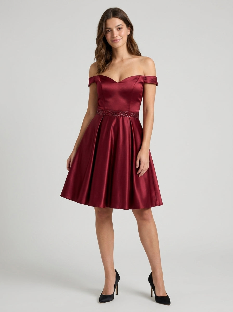 Elegant A-Line Off-the-Shoulder Sweetheart Short Homecoming Dress with Beaded Waist and Back Bow Detail