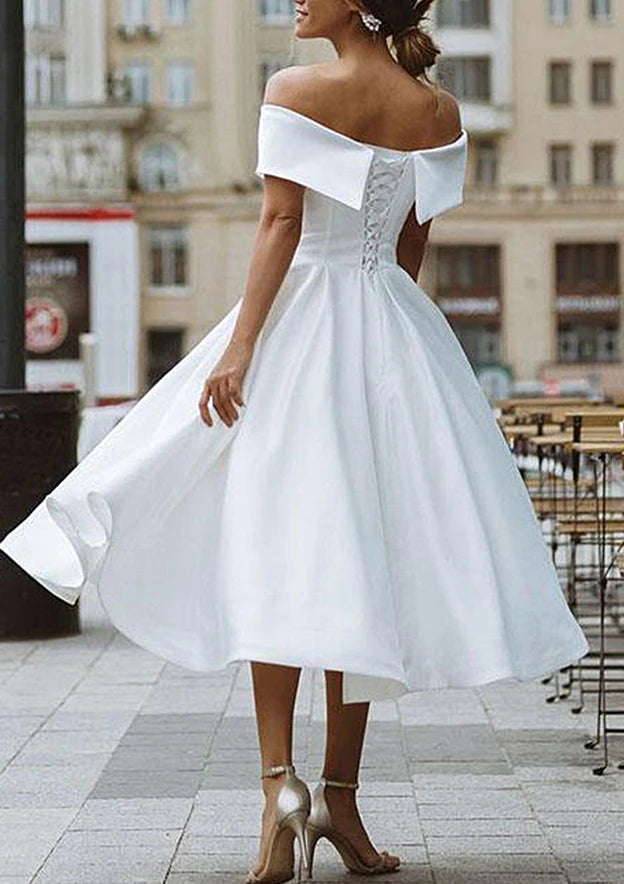 Elegant A-Line Off-the-Shoulder Sweetheart Short Sleeve Lace-Up Back Midi Homecoming Dresses