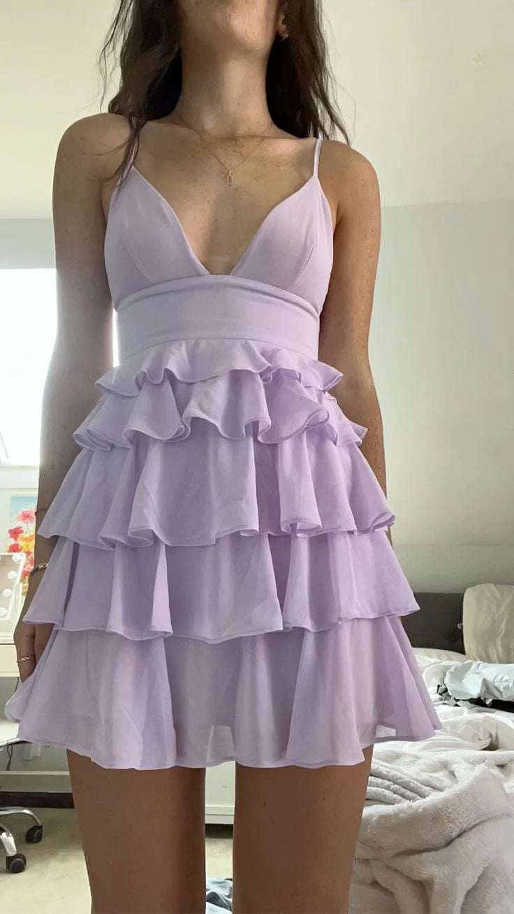 Elegant A-Line Plunge V-Neck Sleeveless Low Back Mini Ruffled Homecoming Dresses