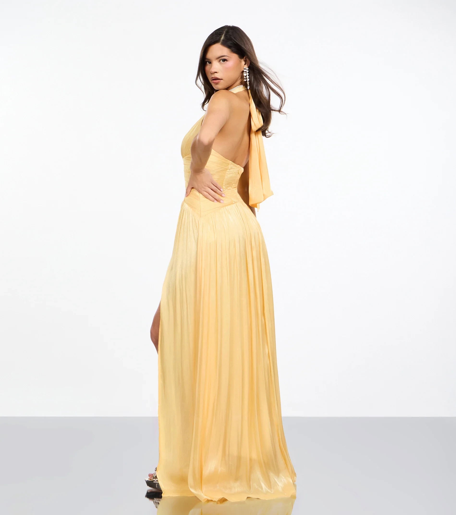 Elegant A-Line Plunging Halter Sleeveless Open Back Floor-Length High Slit Satin Prom Dresses