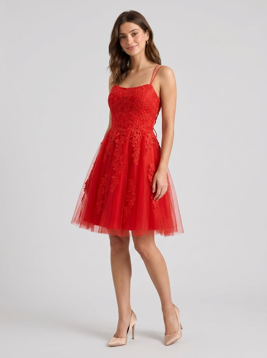 Elegant A-Line Scoop Neck Sleeveless Lace-Up Back Short Red Tulle Homecoming Dresses