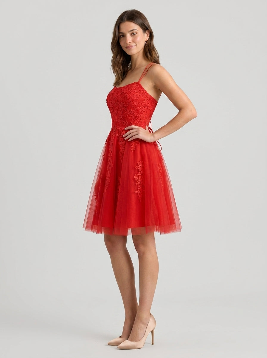 Elegant A-Line Scoop Neck Sleeveless Lace-Up Back Short Red Tulle Homecoming Dresses