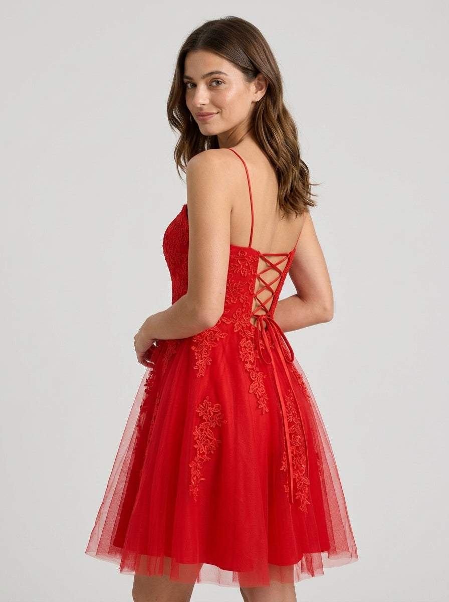 Elegant A-Line Scoop Neck Sleeveless Lace-Up Back Short Red Tulle Homecoming Dresses
