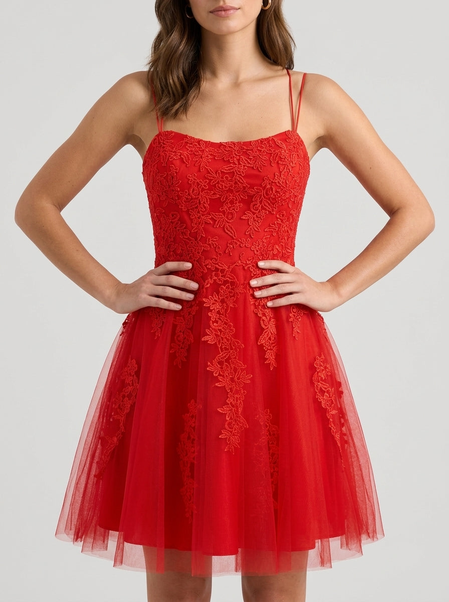 Elegant A-Line Scoop Neck Sleeveless Lace-Up Back Short Red Tulle Homecoming Dresses