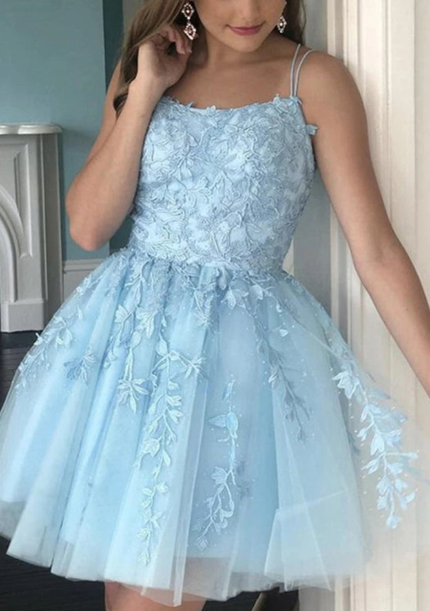 Elegant A-Line Spaghetti Strap Sleeveless Criss-Cross Lace-Up Back Short Homecoming Dresses