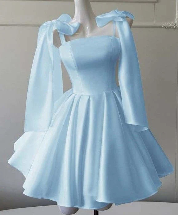 Elegant A-Line Square Neck Detachable Long Bow Sleeve Short Homecoming Dresses