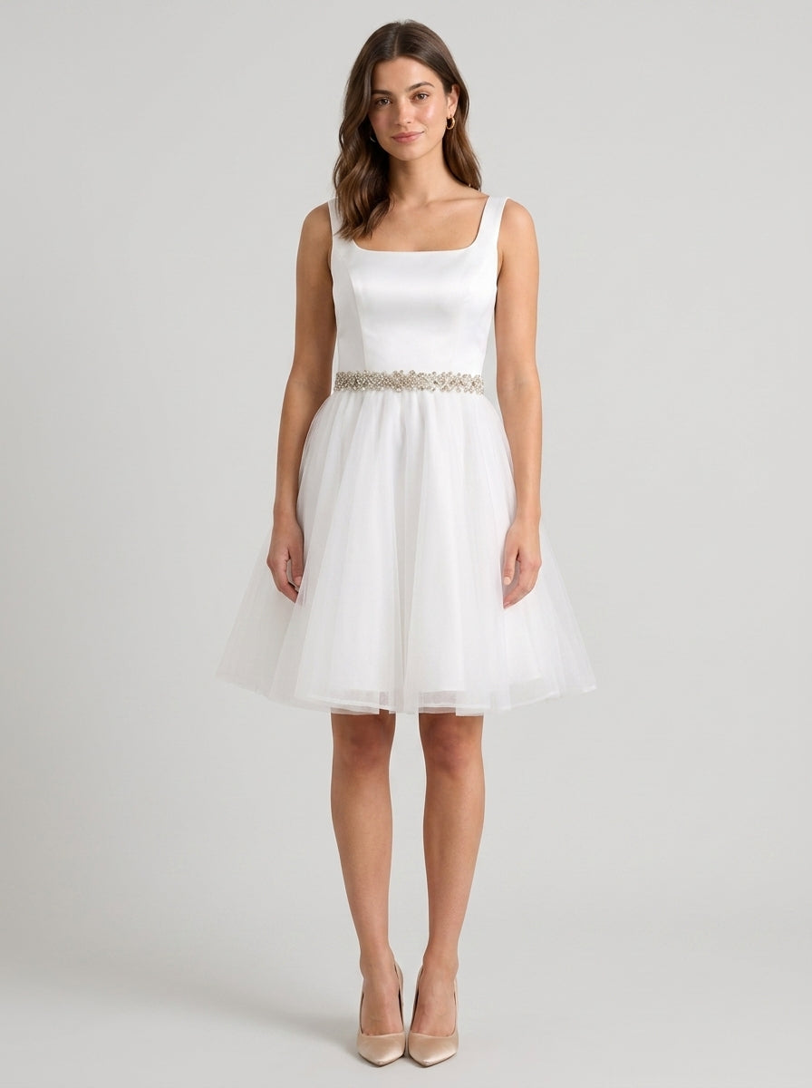 Elegant A-Line Square Neck Sleeveless Square Back Above-Knee Embellished Tulle Homecoming Dresses for Teens