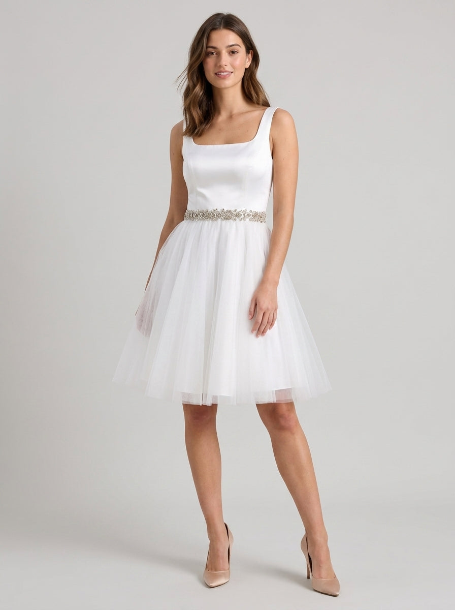 Elegant A-Line Square Neck Sleeveless Square Back Above-Knee Embellished Tulle Homecoming Dresses for Teens