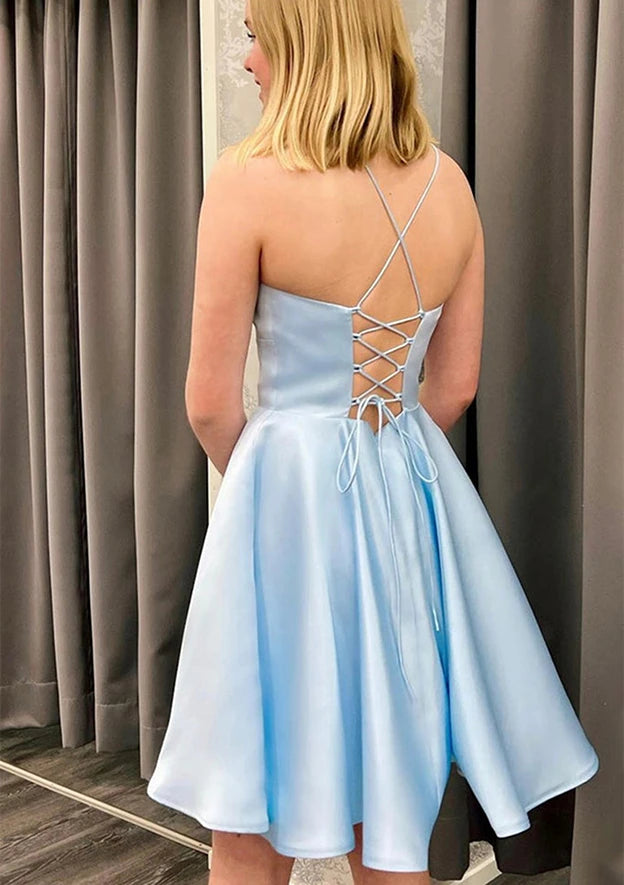 Elegant A-Line Square Neck Spaghetti Strap Criss-Cross Lace-Up Back Short Homecoming Dresses