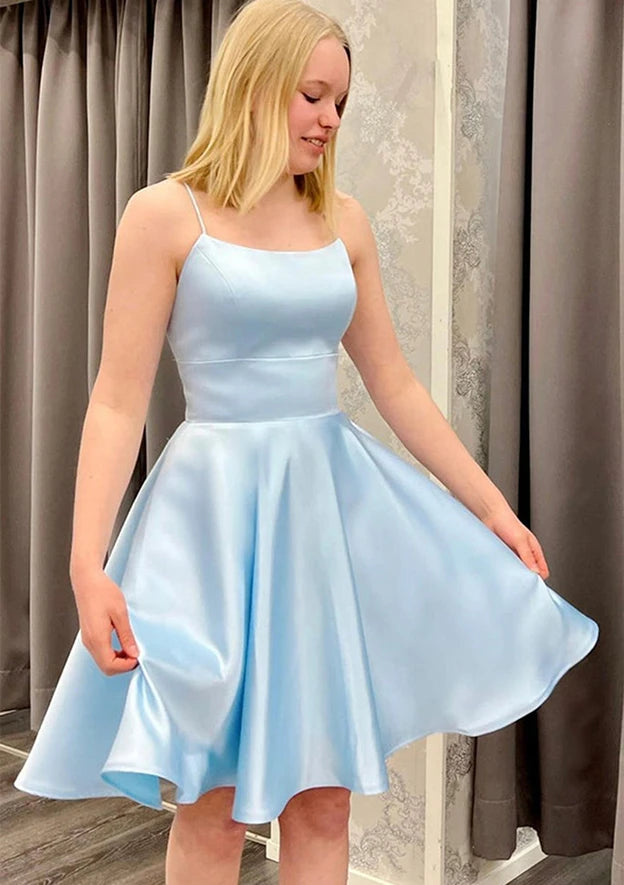 Elegant A-Line Square Neck Satin Homecoming Dress