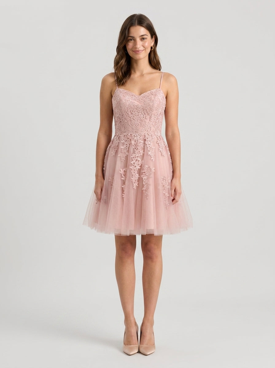 Elegant A-Line Sweetheart Spaghetti Strap Lace-Up Back Short Tulle Homecoming Dresses